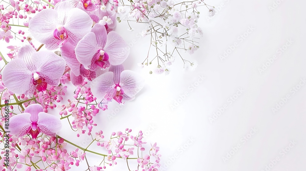 Poster orchid flowers and gypsophila bouquet creative layout flower composition isolated on white backgroun
