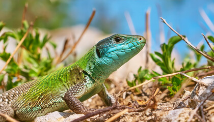 Colorful western green lizard at the Kaiserstuhl in Germany