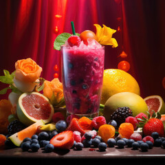 Vibrant Smoothie Medley: Backlit Glow, Colorful Ingredients, Detailed Textures, Layered Glass Presentation Highlighting Superfood Benefits in a Bright and Inviting Arrangement Against a Vibrant