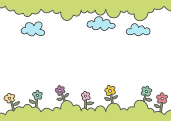 cute tiny colorful flowers with green leaf frame in white background. paper , note , planner , diary and presentation A4 size bg decoration.	