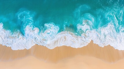 Relaxing aerial beach scene summer vacation holiday template banner Waves surf with amazing blue ocean lagoon sea shore coastline Perfect aerial drone top view Peaceful bright beach se : Generative AI