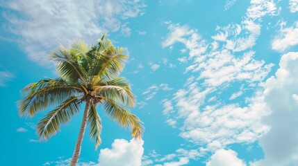 Tropical palm tree with blue sky and cloud abstract background Summer vacation and nature travel adventure concept Pastel tone filter effect color style : Generative AI