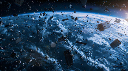 Photo realistic representation of the Orbital Debris Monitoring concept showcasing advanced systems tracking and managing debris for safe space operations