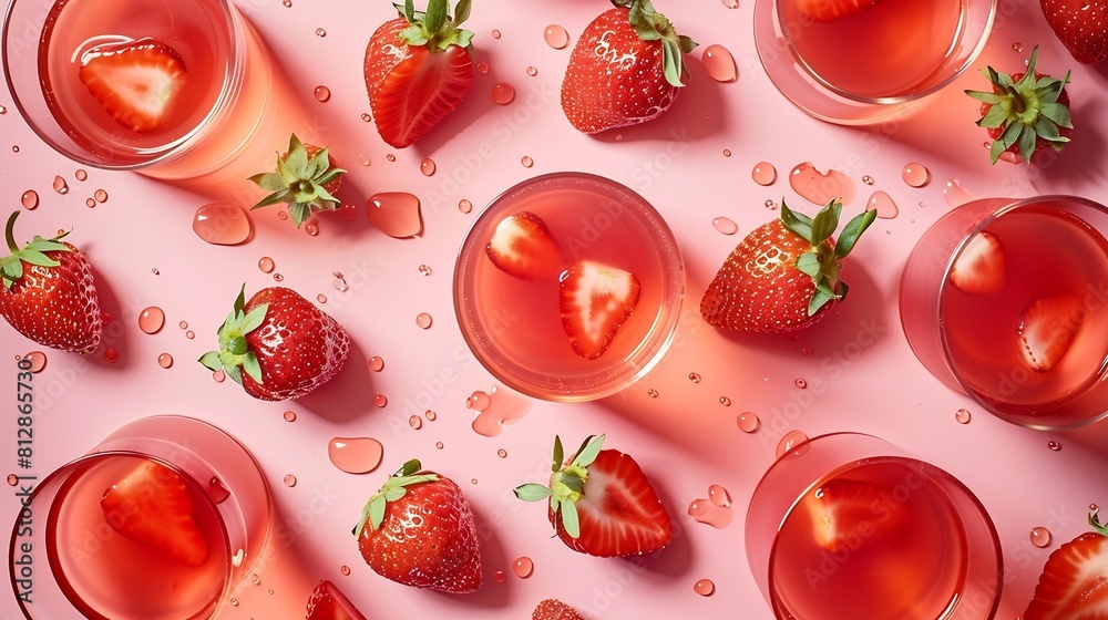 Poster creative layout made of strawberry juice and strawberry flat lay food concept macro concept : genera