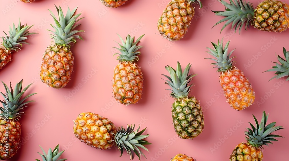 Aufkleber colorful fruit pattern of fresh pineapples on pink background from top view : generative ai