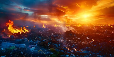 Burning plastic in landfills creates harmful fumes worsening pollution and heat issues. Concept Pollution, Landfill, Plastic, Fumes, Recycling