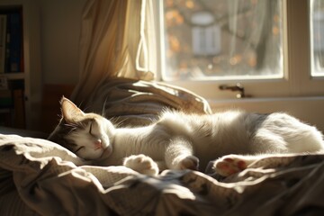 Peaceful cat lies sleeping in a warm, sunlit room, creating an atmosphere of calm and comfort
