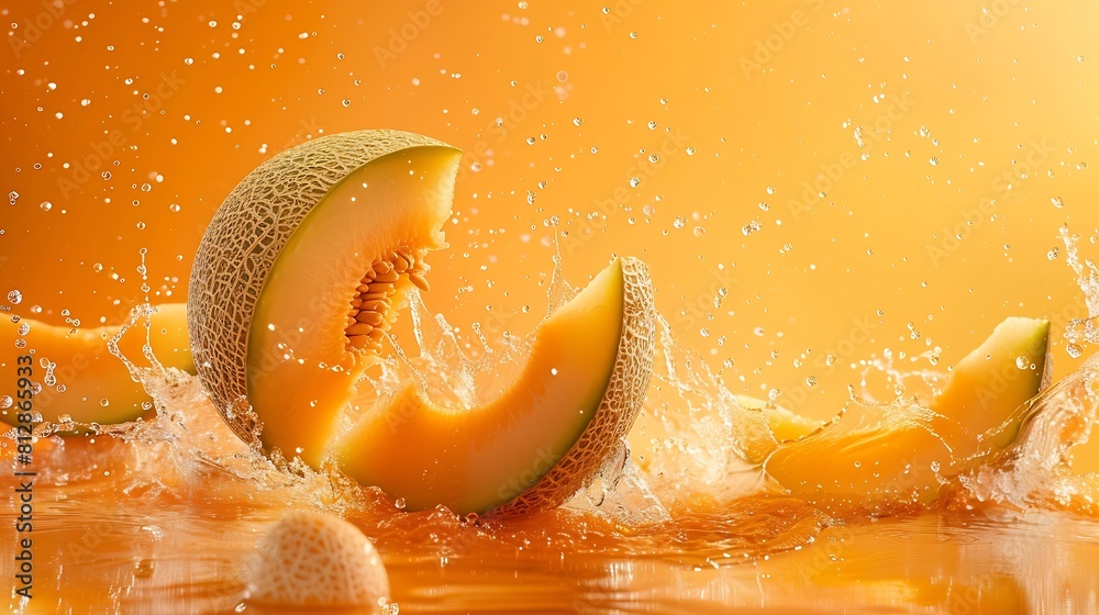 Poster creative layout made from whole and slice of orange japanese melons or cantaloupe melon and water sp