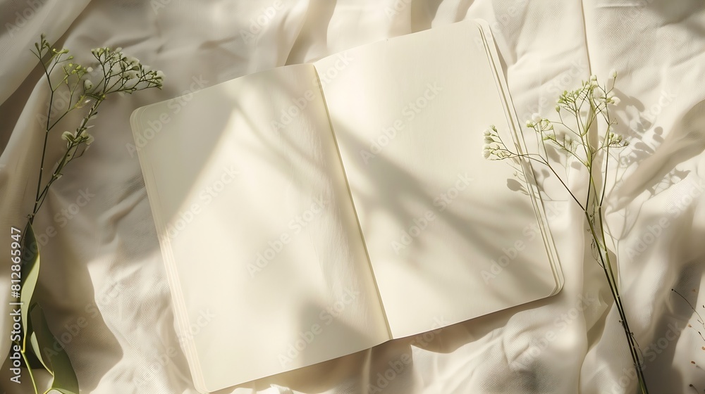 Aufkleber Open notepad blank sheets and floral sunlight shadows on a neutral beige linen background mock up with copy space aesthetic writer blog design template : Generative AI