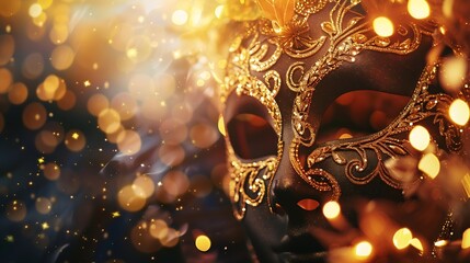 Luxury venetian mask on dark godlen bokeh background New year and christmas party celebration design banner Carnival masquerade fantasy costume ball : Generative AI