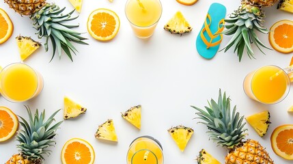 Tropical summer vacation concept with pineapple juice and flip flops organized on white background...
