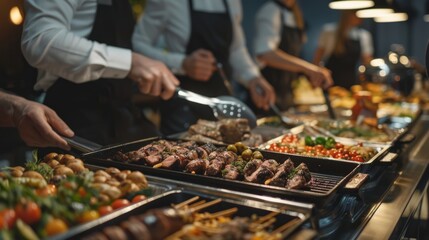 Group of people on catering buffet food indoor in restaurant with grilled meat. hyper realistic 