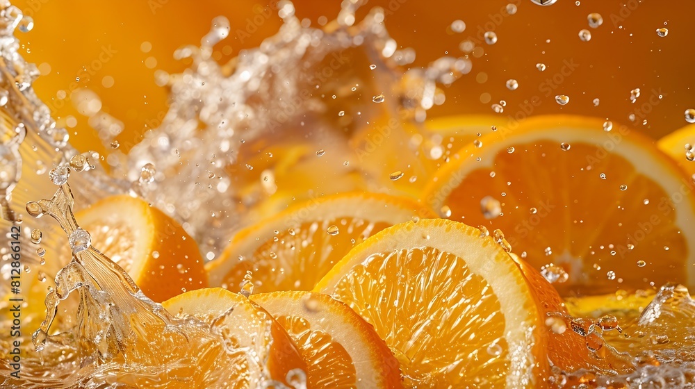 Poster creative layout made from fresh sliced oranges and orange fruit and water splashing on a orange back