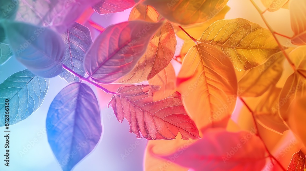 Poster autumn leafs colorful rainbow color gradient summer autumn season change concept : generative ai