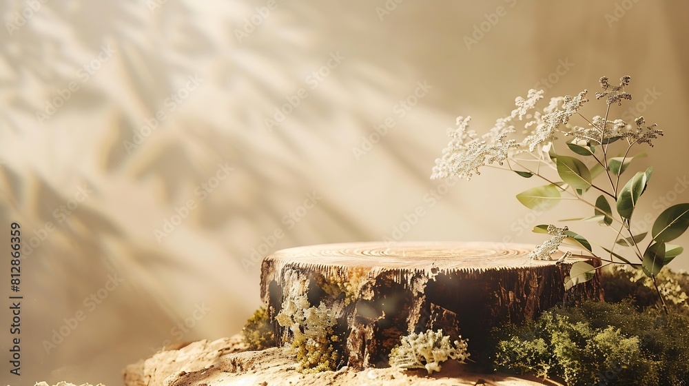 Aufkleber composition of bark tree and moss on pastel background abstract podium for organic cosmetic products