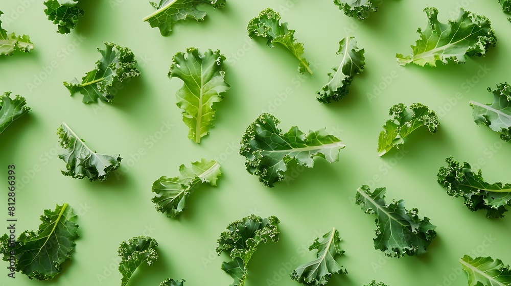 Poster creative layout made of kale salad leaves spinach ruccola on green background flat lay food concept 
