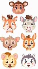 Fototapeta premium Collection of cute cartoon animal faces for children or babies. White background.