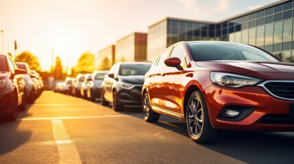 Obraz premium Car parked at outdoor parking lot. Used car for sale and rental service. Car insurance background. Automobile parking area. Car dealership and dealer agent concept. Automotive industry. Electric auto