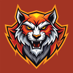 Obraz premium A close-up view of a red fox head with vivid orange eyes against a solid brown background, A dynamic design featuring a fierce animal mascot logo, minimalist logo