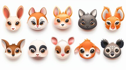 Fototapeta premium Collection of cute cartoon animal faces for children or babies. White background.