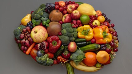 Human brain made of fruits and vegetables created using Generative AI technology. Concept of nutritious foods for brain health and memory. hyper realistic 