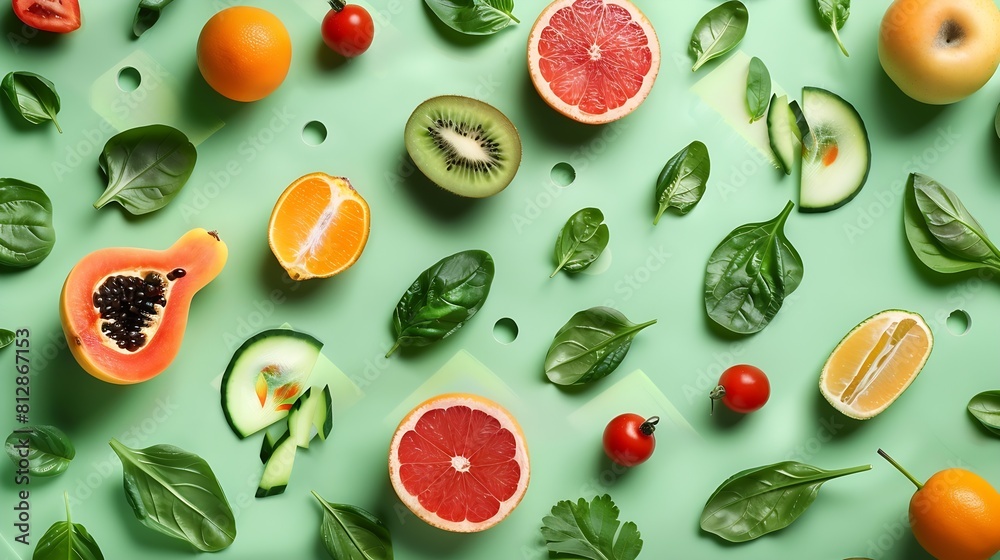 Poster creative neatly arranged food layout with fruits vegetables and leaves on bright background minimal 