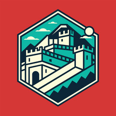 Naklejka premium A stylized interpretation of a castle set against a vibrant red background, A geometric interpretation of the Great Wall of China, minimalist logo
