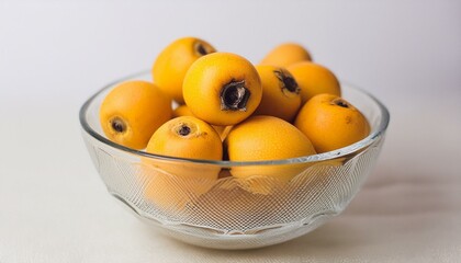 Loquats stacked in a transparent container against a white background.
