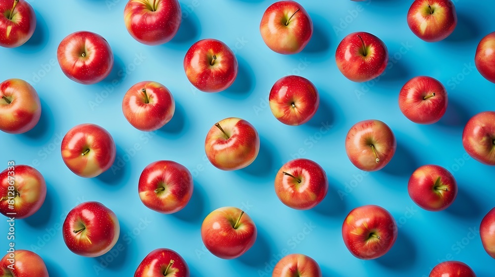 Poster Colorful fruit pattern of fresh red apples on blue background From top view : Generative AI