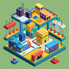 Fototapeta premium Illustration of a building covered in numerous stacked boxes, A geometric representation of a production facility's layout