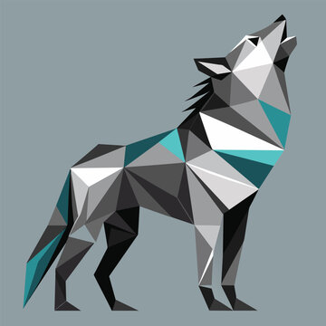 A low polygonic representation of a wolf howling, A geometric representation of a howling wolf in a monochromatic color scheme