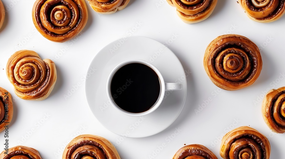 Poster creative layout made of cinnamon buns and cup of coffee on the white background flat lay food concep