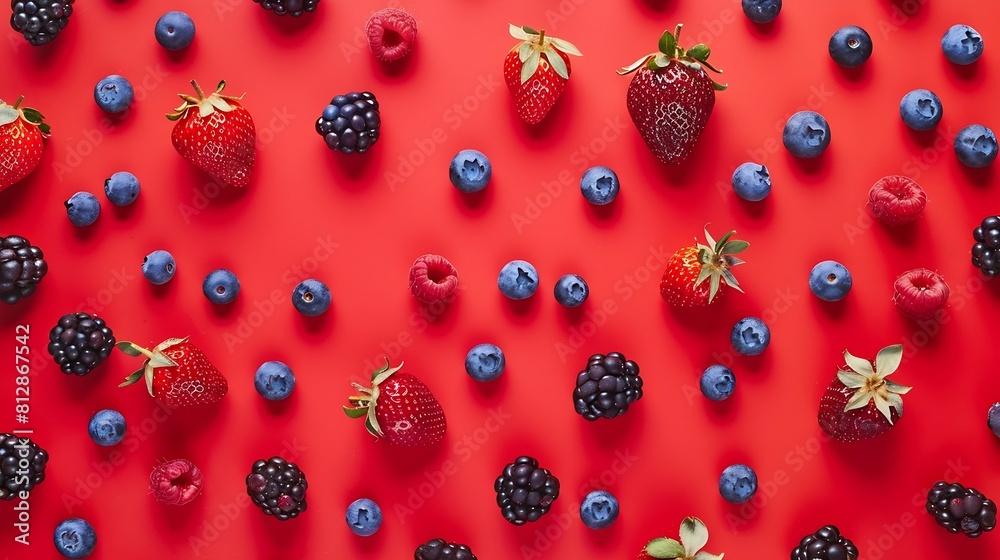 Poster colorful fruit pattern of wild berries on red background creative summer fruit concept strawberries 