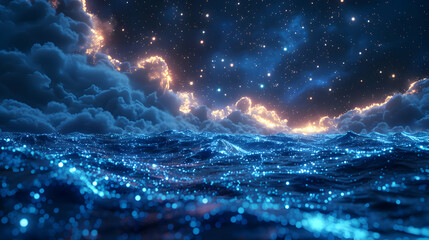 Astral Harmony: Starry Night with Bioluminescent Waves