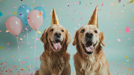 Festive Golden Retriever Celebration with Party Hats and Balloons - Joyful Atmosphere in Pastel Colors