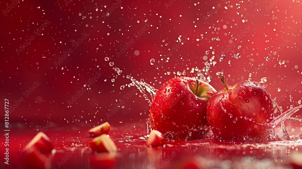 Poster creative layout made from fresh red apple fruit and water splashing on a red background : generative