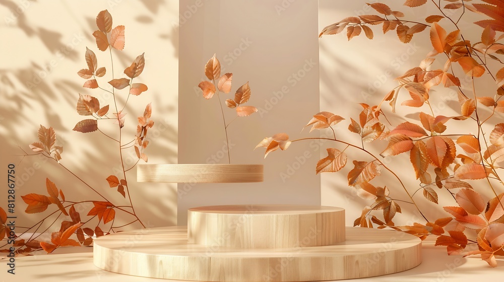 Aufkleber autumn podium in two parts made of natural wood and autumn foliage the showcase for the presentation