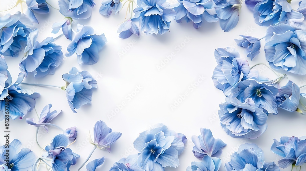 Poster flowers composition frame made of blue flowers on white background easter spring concept flat lay to