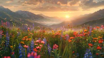 Serene Sunrise Over Alpine Meadows: A photo realistic depiction of a tranquil Alpine meadow illuminated by the first light of day, highlighting vibrant wildflowers and grasses in s