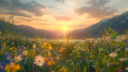 Serene Sunrise Over Alpine Meadows: A Photo Realistic Image of Vibrant Wildflowers and Grasses in a Tranquil Alpine Meadow Illuminated by the Morning Sun