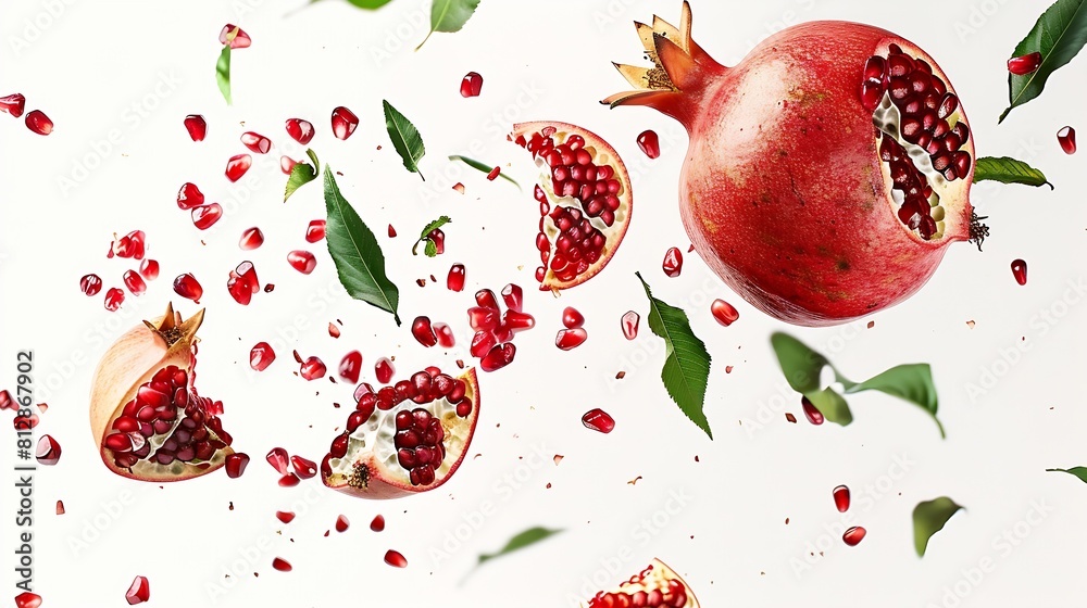 Poster flying in air fresh ripe whole and cut pomegranate with seeds and leaves isolated on white backgroun
