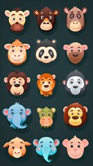Obraz premium Collection of cute cartoon animal faces for children or babies. Dark background.