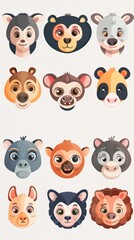 Collection of cute cartoon animal faces for children or babies. White background.