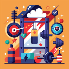 Obraz premium Vibrant illustration of a house surrounded by diverse objects, showcasing a burst of colors and shapes, A minimalist artwork inspired by the energy and motivation found in a gym
