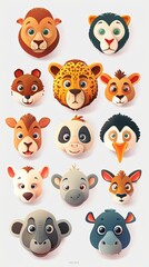 Fototapeta premium Collection of cute cartoon animal faces for children or babies. White background.