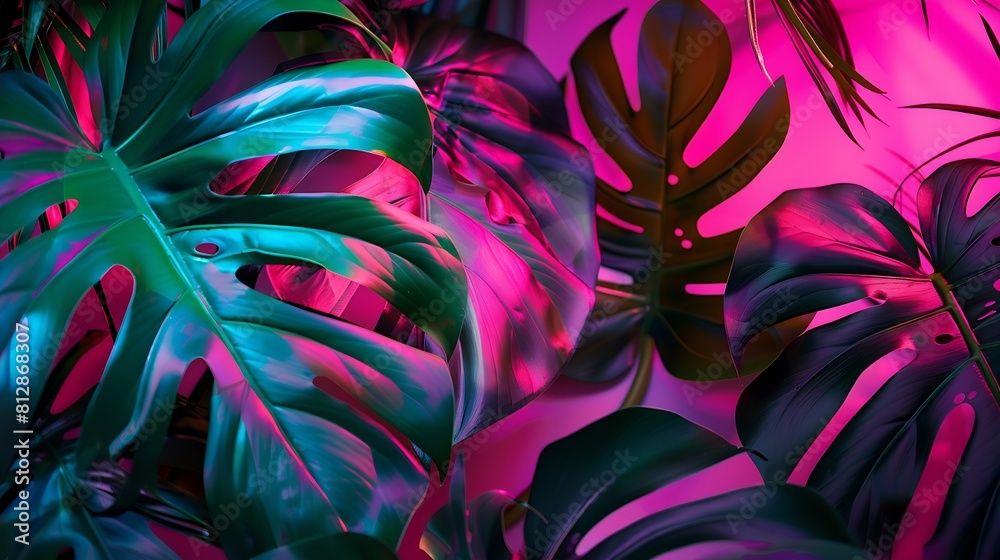 Poster abstract fashionable trendy concept with tropic monstera leaves multicolor neon lights copy space co