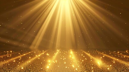 This image showcases a radiant display of golden sparkling lights with rays emanating from a central point on a dark backdrop