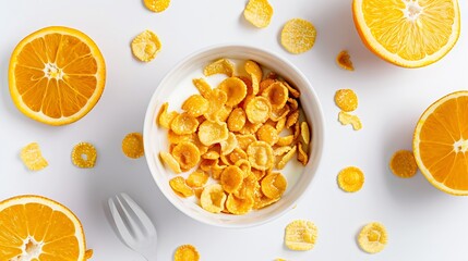 Top view of corn flakes bowl sweeties with milk and orange on white background flat lay overhead layout fresh and healthy breakfast design concept : Generative AI - Powered by Adobe