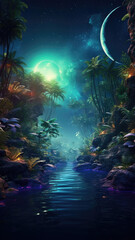 Serene moonlit scene with lush tropical palms in jungles forest under starlit night sky