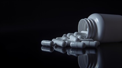 Overflowing White Pills from Bottle on blakc Background, on a table